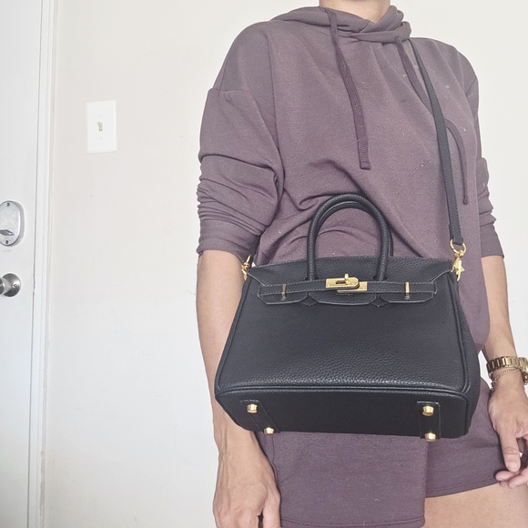 Birkin Style Black Faux Leather Handbag - Picture 2 of 11